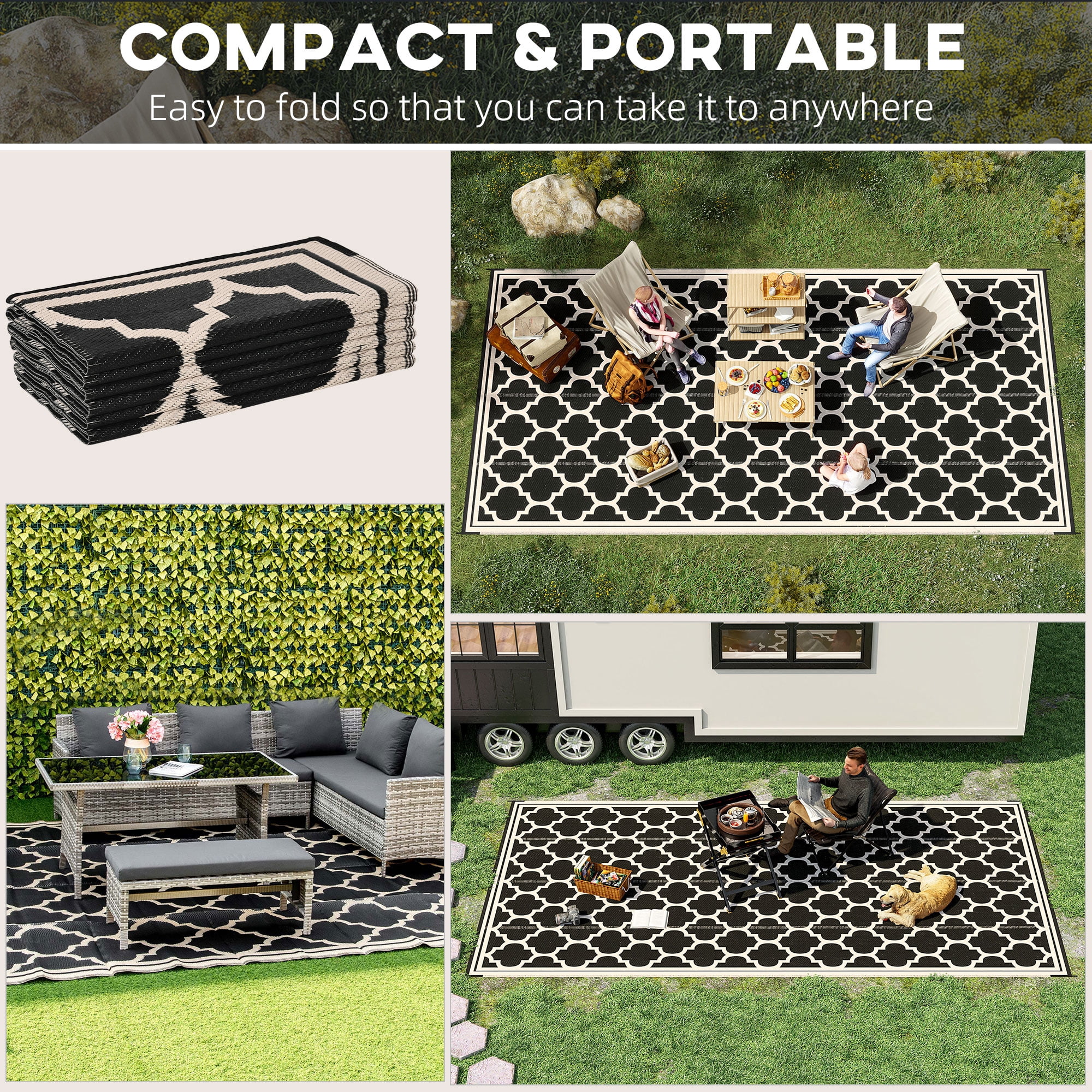 Outsunny Outdoor Rug, 9' x 18' Plastic Rug, Black & Beige