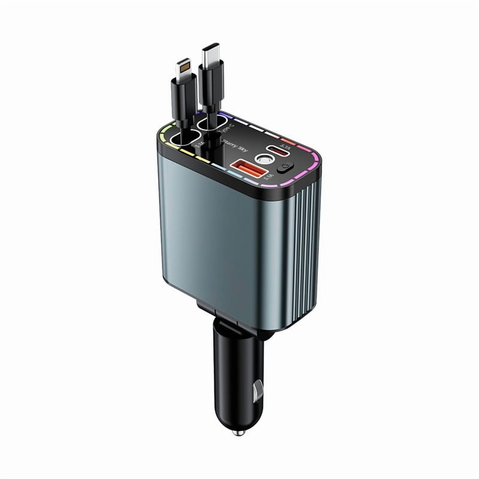 152W USB C Fast Car Charger with PD Quick Charge, 4 Port Cigarette Lighter Car Charger with Dual Retractable Cables and LED Ambient Light, for iPhone and Android