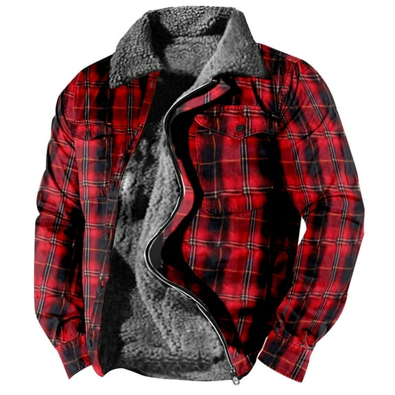 GXIPO Mens Fleece Lined Sherpa Jacket Western Plaid Flannel Jackets Zip Up Big and Tall Thickened Thermal Heavyweight Coat Red 2XL