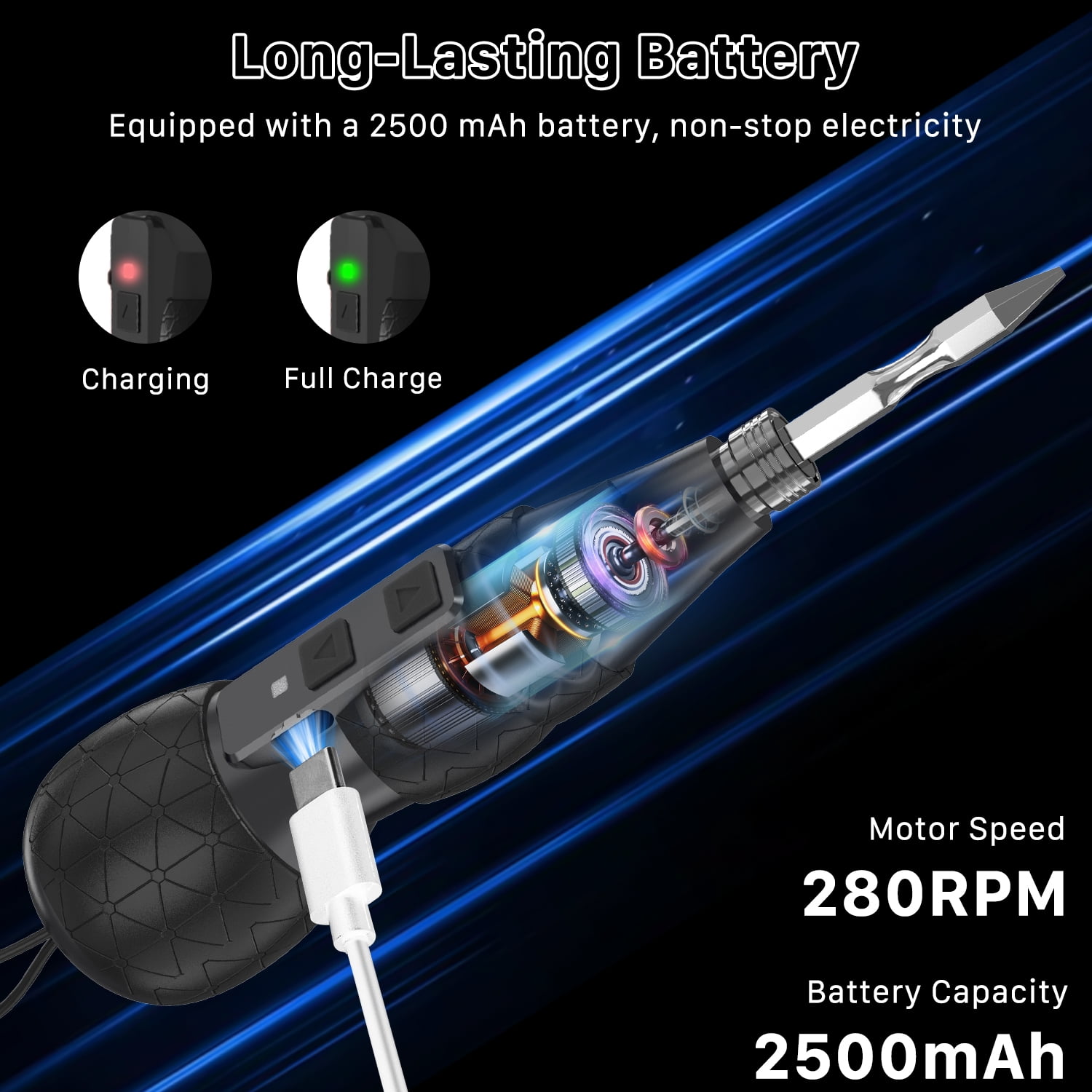 Hillyfe Electric Cordless Screwdriver, 3.7V Rechargeable Lithium-ion Battery with LED Light, Small Screwdriver with 13pcs Bits, Black