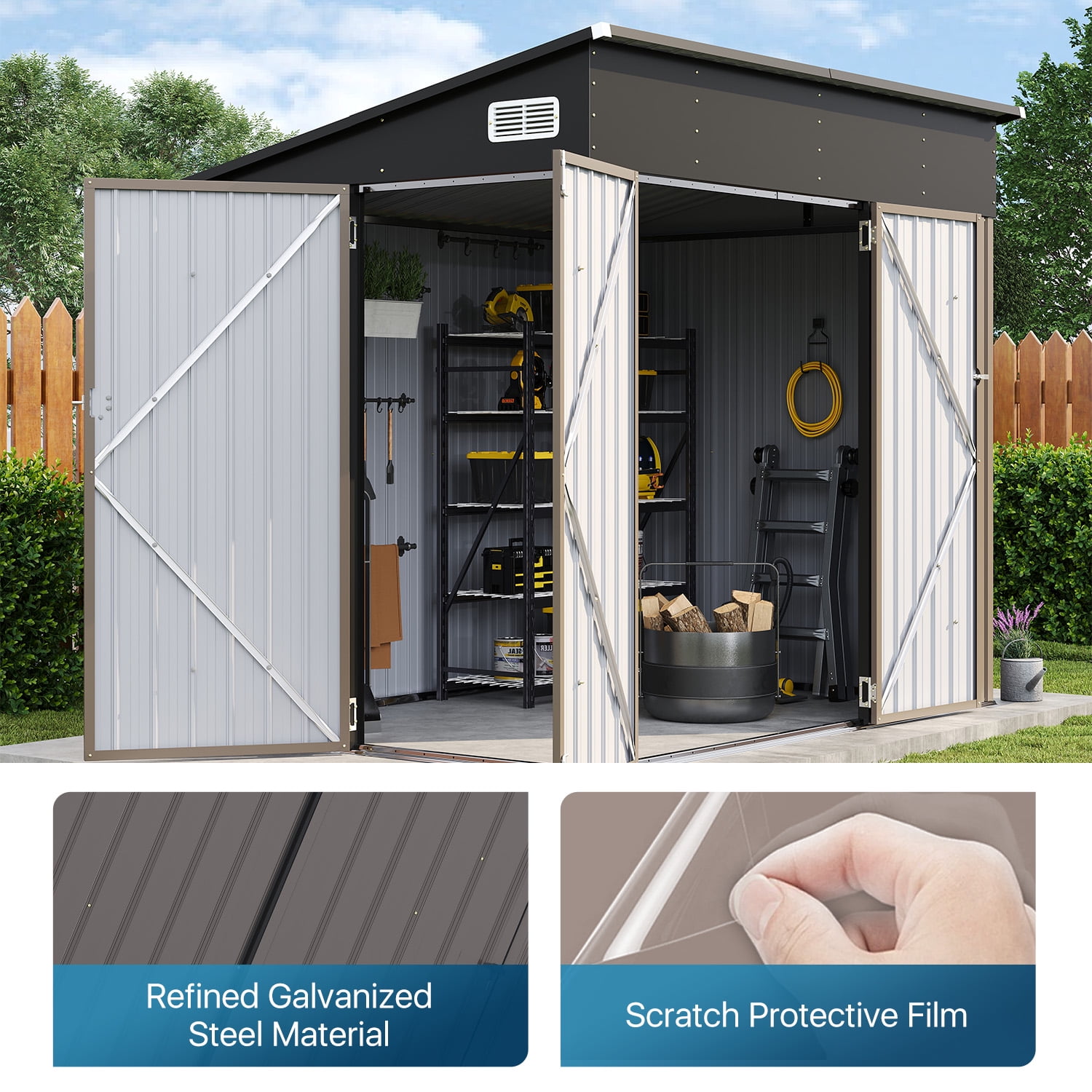Sunmthink 8'x4' Metal Storage Shed, Lockable Triple Doors