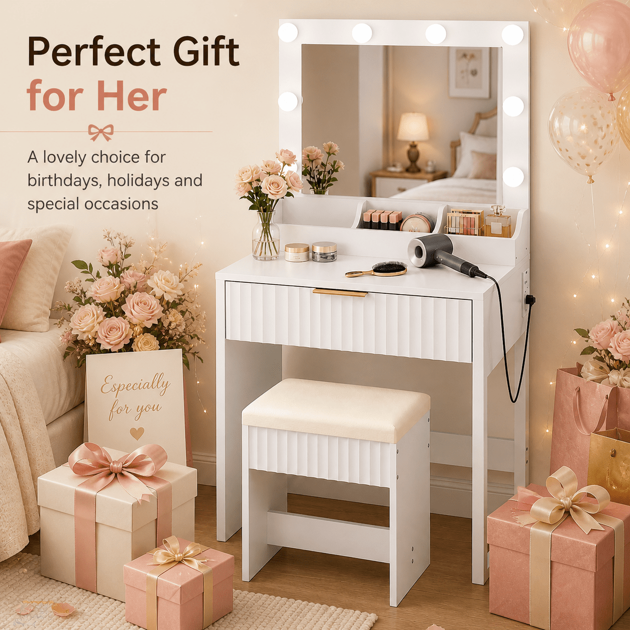 Zimtown Vanity Desk Set with Mirror, Makeup Vanity Table with 8 LED Lights and Charging Station, Dressing Desk for Bedroom, White