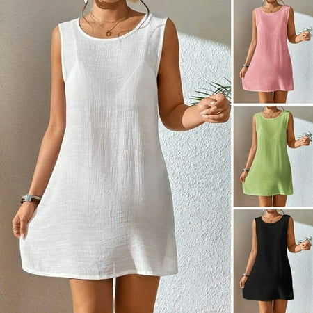 Women Beach Smock Backless Round Neck Sleeveless Solid Color Loose Sun Anti UV Soft Breathable Bikini Swimsuit Cover up Lady Beach Dress