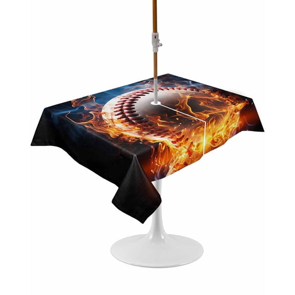Baseball, Rectangle Outdoor Tablecloth, Waterproof Table Cloth Cover with Umbrella Hole and Zipper, Sports Theme Gradient Orange Blue Black Table Protector for Patio Party Picnic 52"x70"