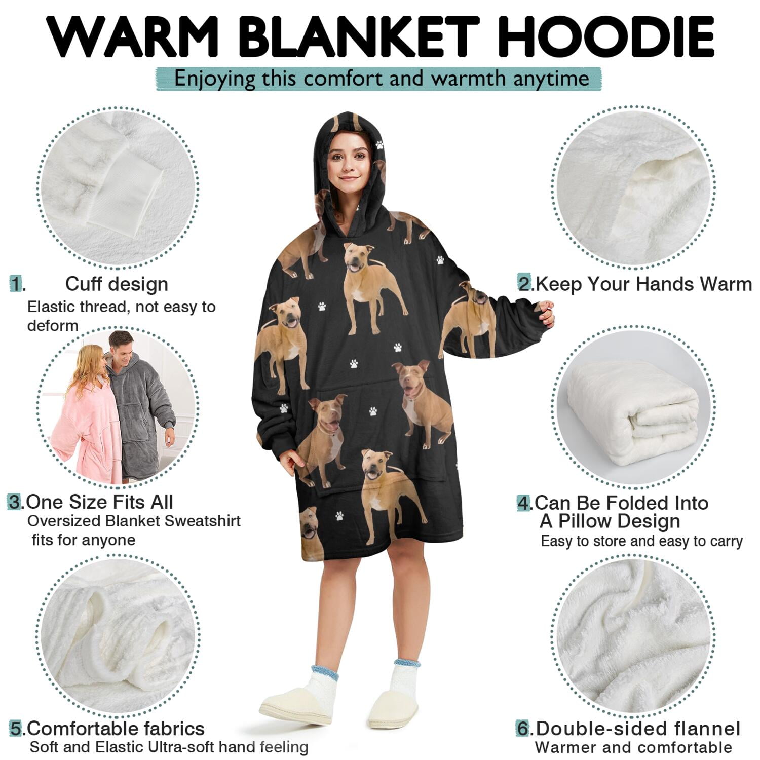 Pitbull Dog and Footprint Wearable Oversized Blanket,Wearable Blanket Hoodie for Adults,Cozy Hooded Blankets with Super Pockets,Super Warm Fuzzy Pullover for Women & Men