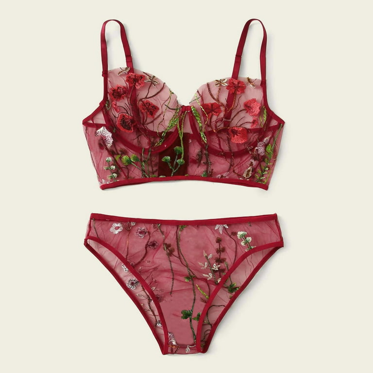 Follure Women's Floral Embroidery Sheer Mesh Lingerie Set Lace Bra and Panty  2 Piece Red 