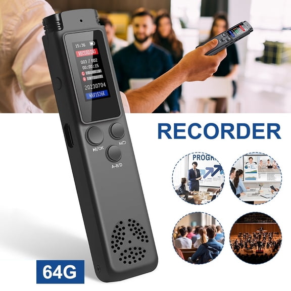 64GB Digital Voice Recorder , 1536Kbps Noise-Canceling, Voice Activated, ±7 Variable Speed, Password Protected, One-Touch Record for Lectures/Meetings/Interviews