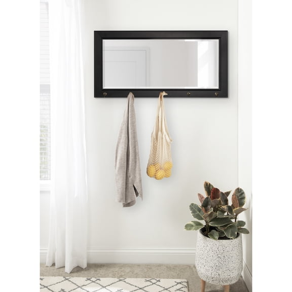 Kate and Laurel Pub Farmhouse Mirror with Five Hooks, 36 x 18, Black, Decorative Modern Rectangle Mirror with Storage Hooks for Living Room or Entryway Decor