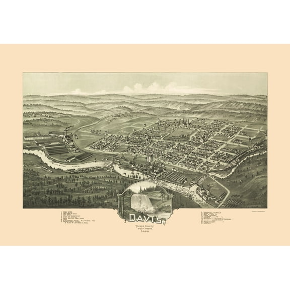 Historic Panoramic View - Davis West Virginia - Fowler 1898 - 23 x 32.97 - Vintage Wall Art