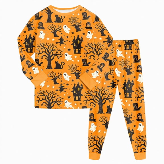 Zuwimk Toddler Girl Boys Pajamas Kids Halloween Graphic 2 Piece Cute Graphic Pjs Fall Winter Sleepwear Clothes Sets,Y005-Gold