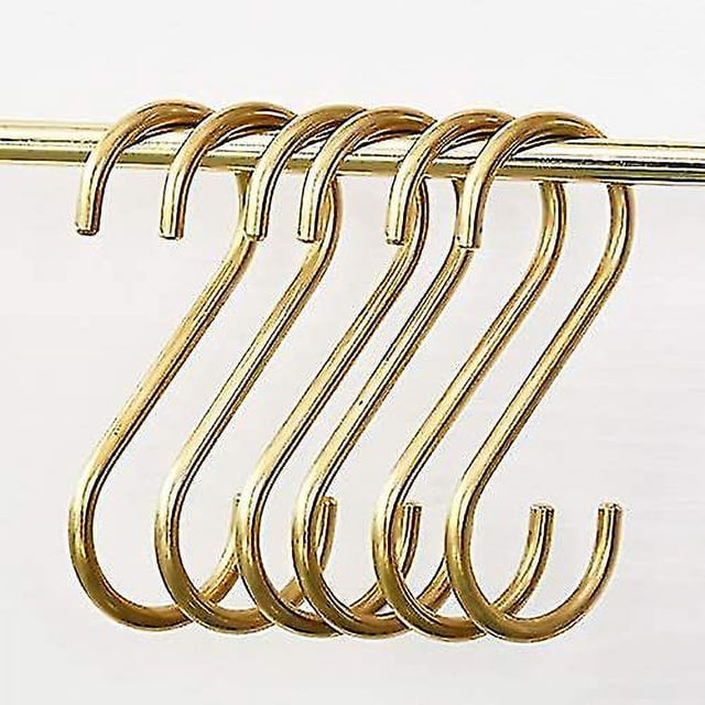 Paquete de 6 ganchos en forma de S, ganchos dorados de latón para colgar ollas, cacerolas, tazas de café, ganchos para cocina, baño, dormitorio (hy)