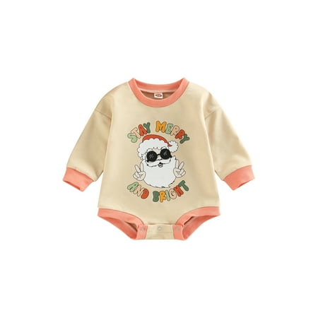 

Genuiskids Infant Baby Girl Boy Christmas Romper Santa Claus Letter Print Long Sleeves Round Neck Jumpsuit 0-24M