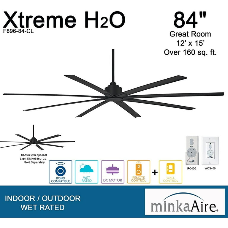 Minka-Aire Xtreme H2O 84 Inch Ceiling Fan - Coal Black Finish, DC Motor, Remote & Wall Control, Indoor/Outdoor