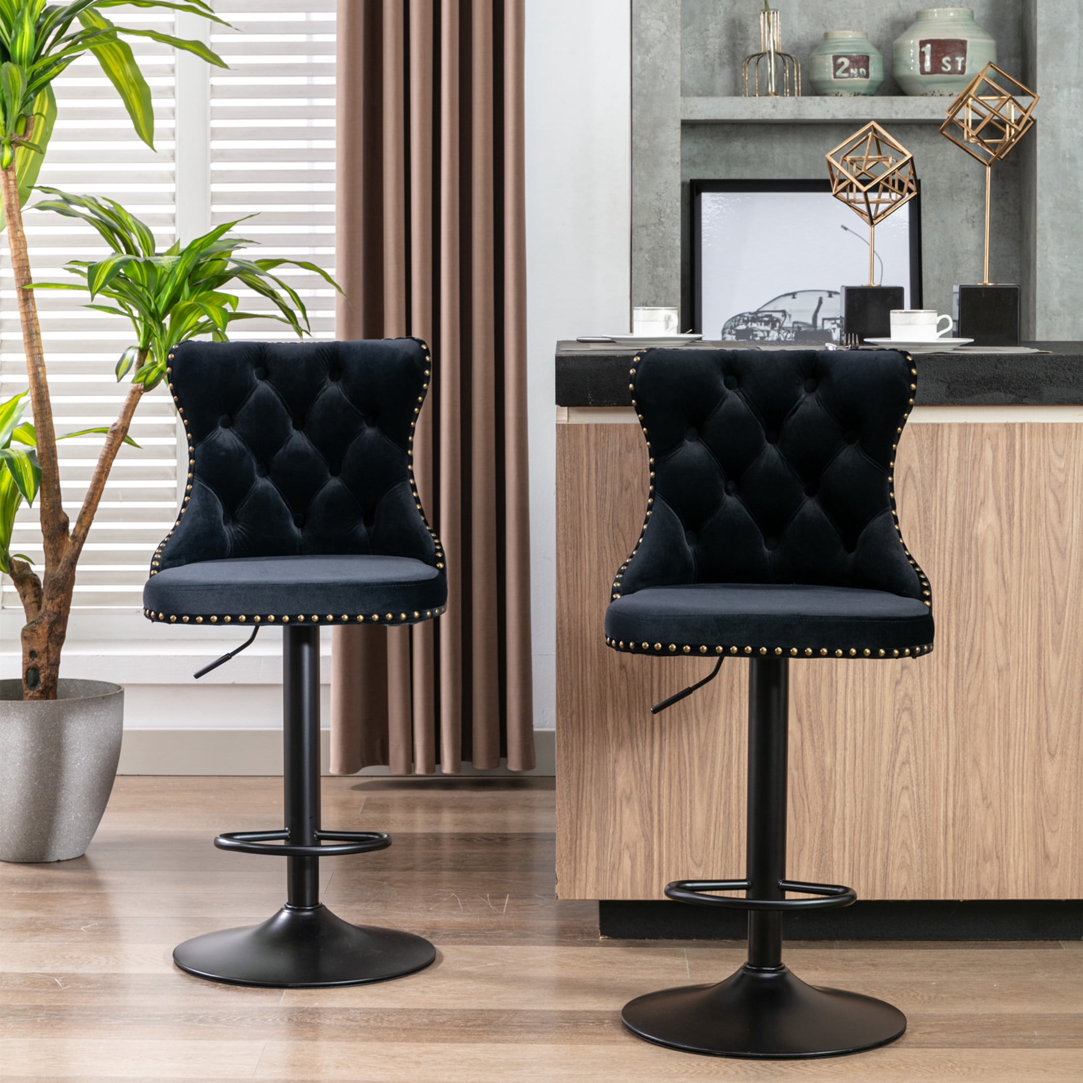 GDF Studio 18.1" Adjustable Swivel Barstools Set of 2 with Tufted Velvet Upholstery & Nailhead Trim, Black