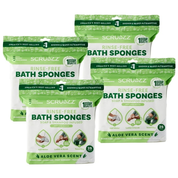 Scrubzz Rinse Free Bath Sponge, No Rinse Bath Wipes, Aloe Vera - 100 Count - 4 Pack