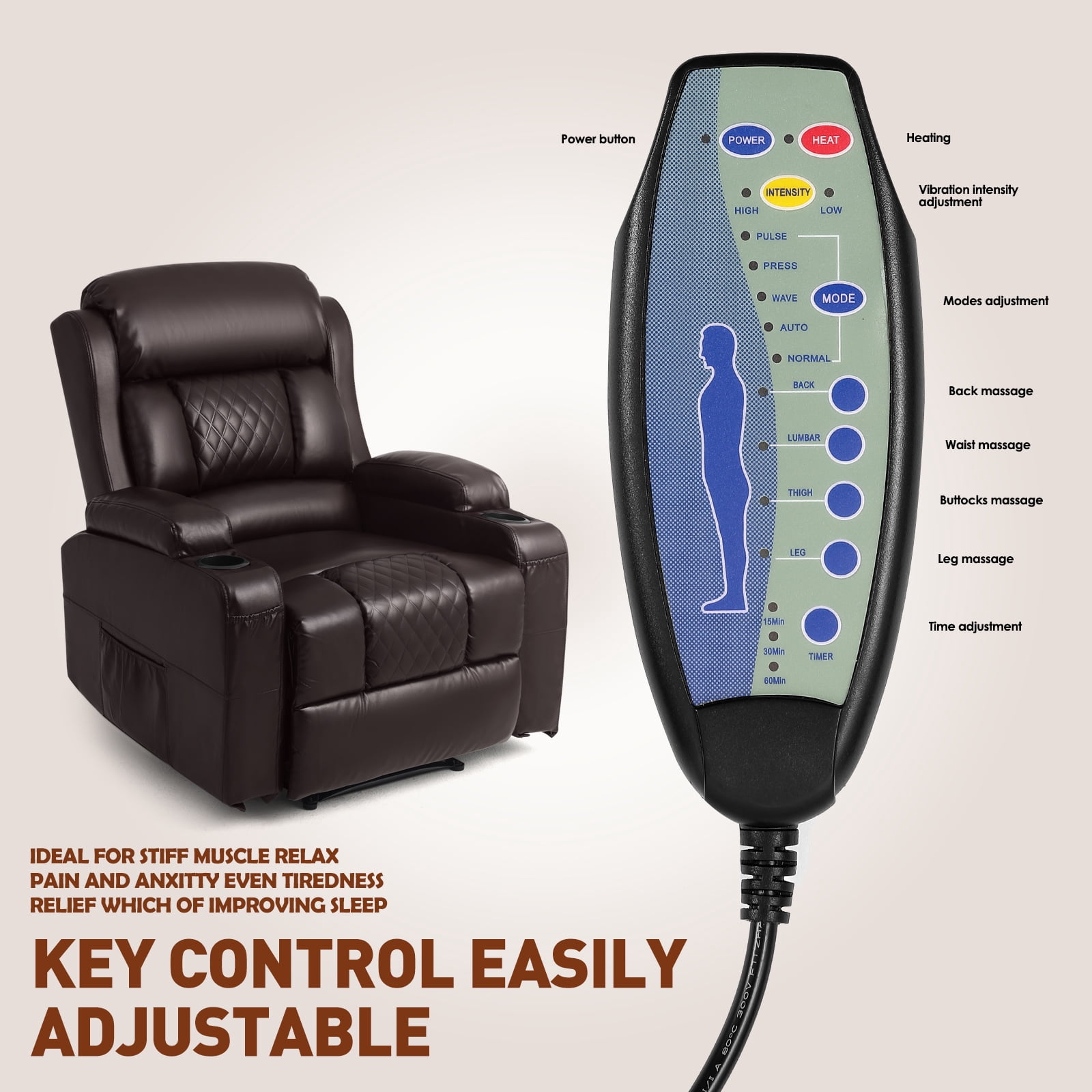 COSVALVE Electric Massage Heating Manual Recliner Chair Armchair Ergonomic Single Sofa with Remote Control, 2 Cup Holders (Brown)