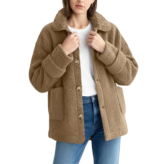 Kukoosong Women's Sherpa Jacket, Fashion Casual Wool Fleece Jacket, Long Sleeve Button Down Winter Warm Zipper Coat with Pockets