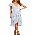 thumbnail image 3 of Femmes Boho Manches Courtes V Robe de Cou Casual Ruffle Wrap Swing Plage Sundress Été Mousseline de Soie Parti Midi Robe avec Ceinture, 3 of 5