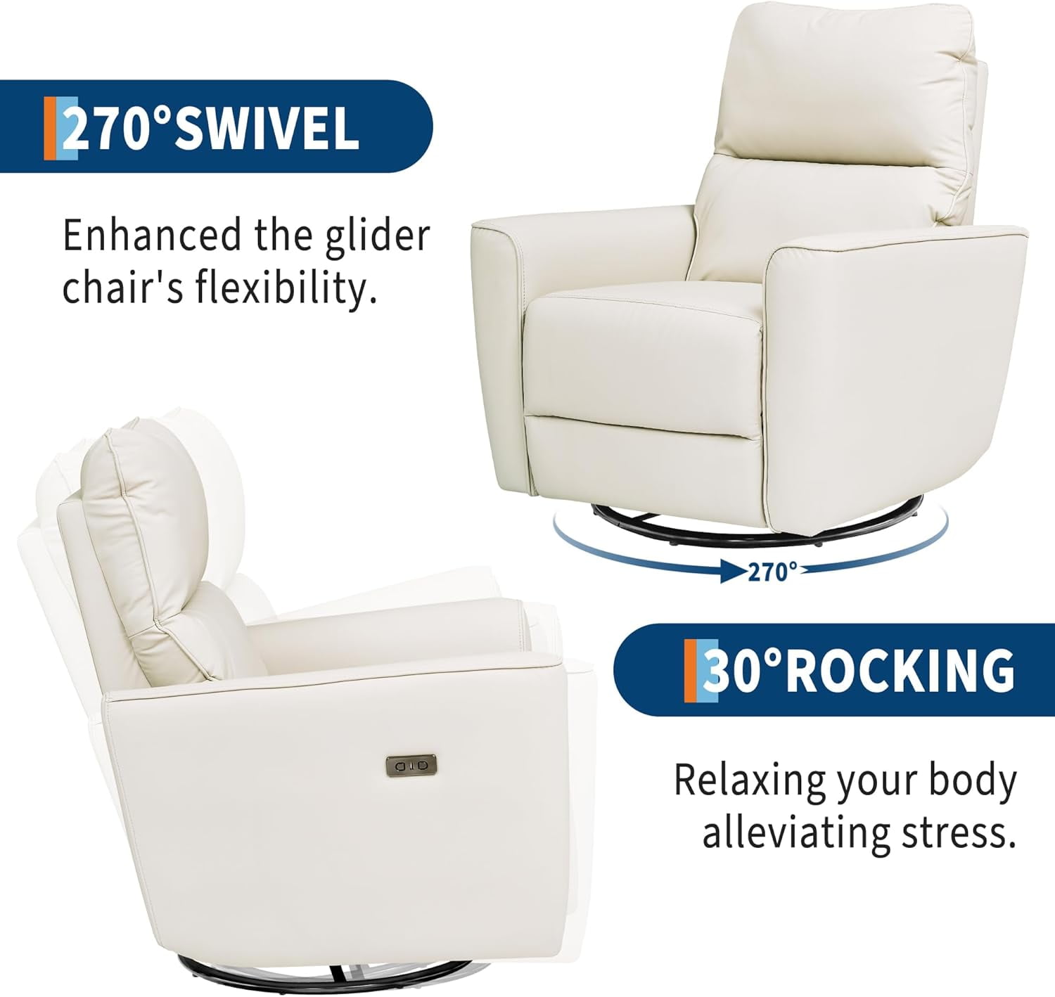 Power Recliner Chair 270° Swivel Rocking Glider with USB Port PU Leather Upholstered Nursery Chair with Adjustable Backrest for Living Room Office Home Theater and Nursery