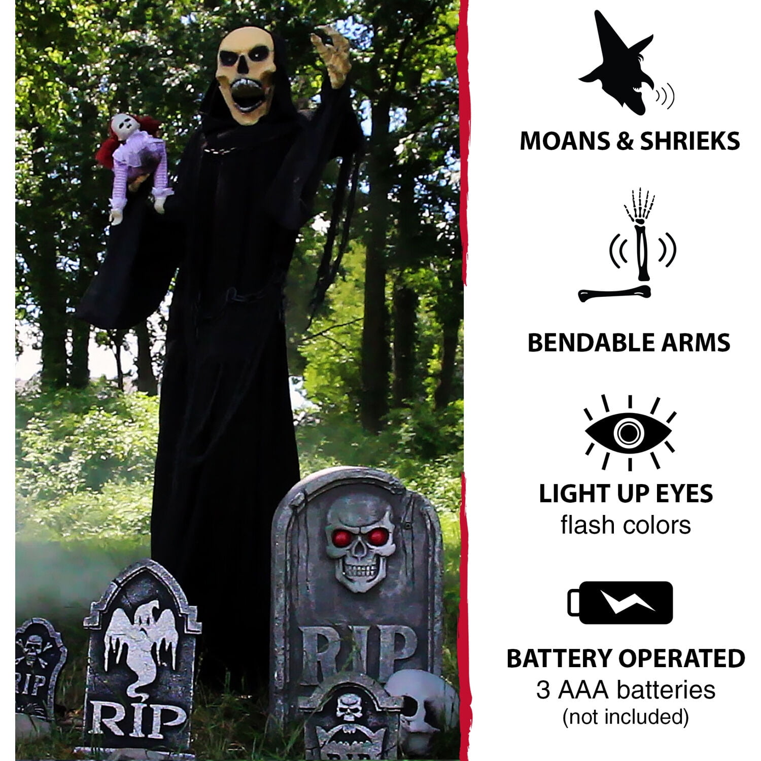 Haunted Hill Farm Life-Size 5.7 ft Animatronic Reaper, Indoor/Outdoor Halloween Decoration, Flashing Colorful Eyes, Poseable, Battery-Operated, HHRPR-6FLSA