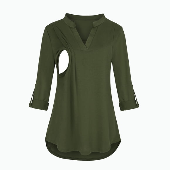 QIPOPIQ Maternity Rolled Long Sleeve Nursing Tops Tunic Blouses Breastfeeding Clearance