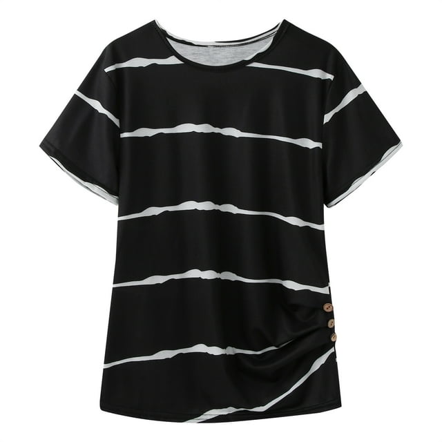 Gibobby Blusas Holgada Camisetas informales de manga corta para niñas pequeñas, túnica de cuello redondo, camisetas a rayas con botones para niños, blusas, ropa de verano (Negro, 10-11 Años)