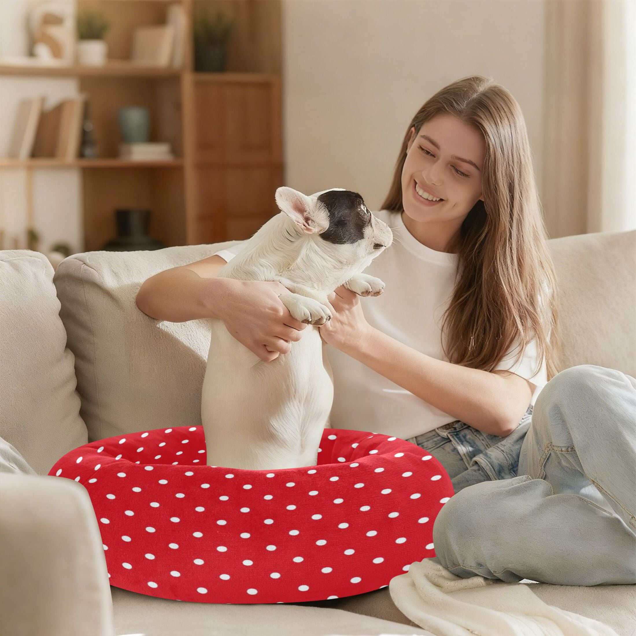 Iauyy Pet Couch Donut Cat Bed for Indoor Cats/Small Dogs Washable & Machine with Non-slip Bottom Calming Cat Furniture, Simple Polka Dots (S)