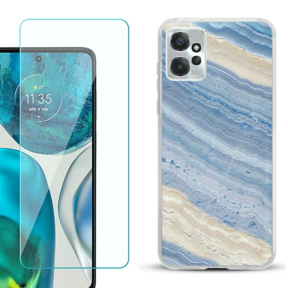 OneToughShield ® for Motorola Moto G Power 5G 2023 Shockproof Fashion Phone Case, with Tempered Glass Screen Protector - Marble/ Marina Blue