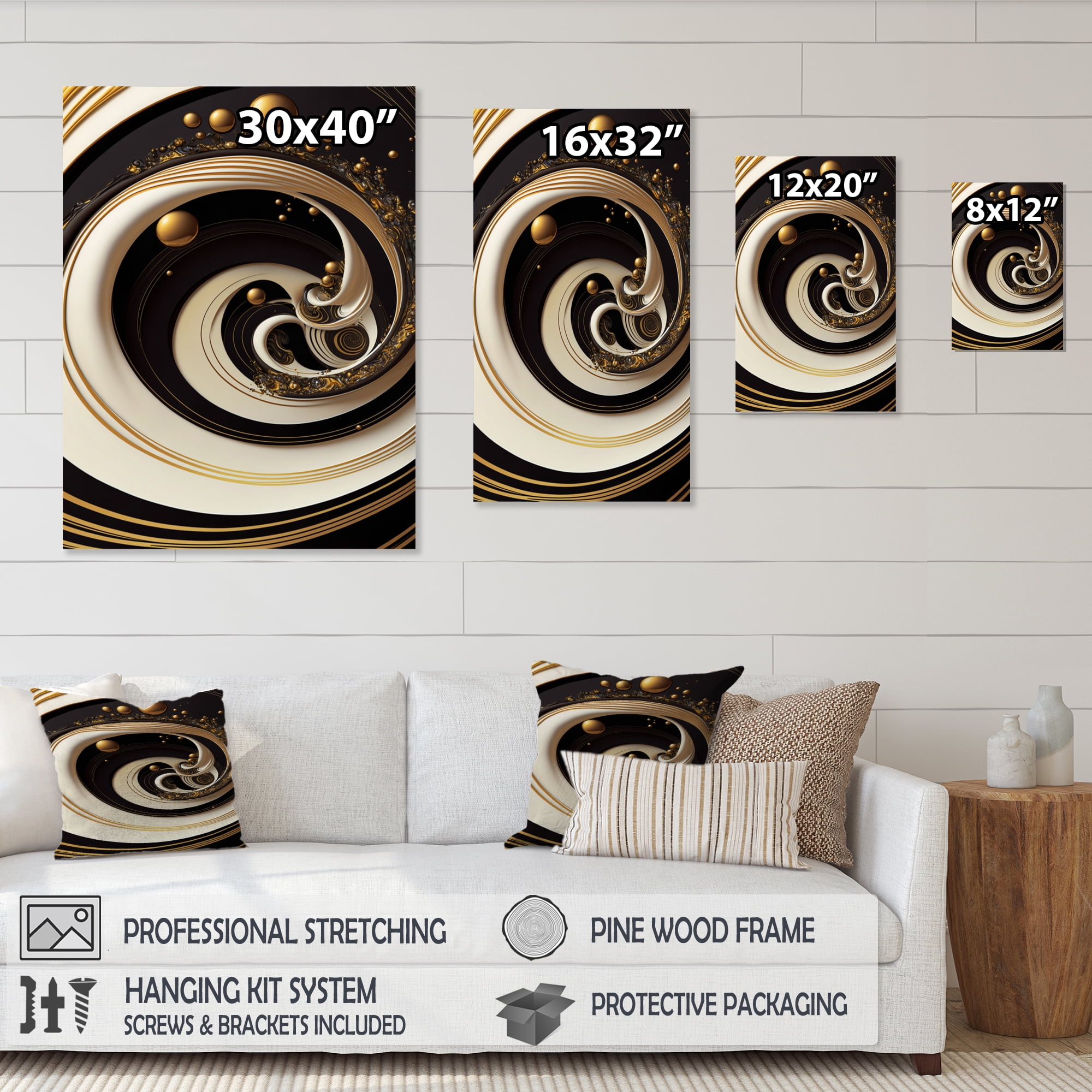 Designart Black, Silver And Gold Blending Swirls VII Canvas Wall Art