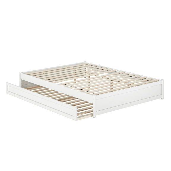 Barcelona Queen Solid Wood Panel Platform Bed with Twin XL Trundle in White