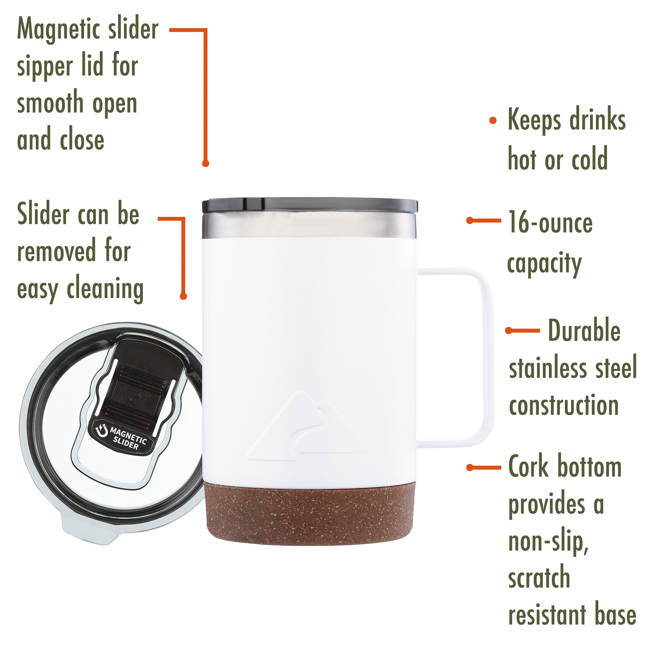 Ozark Trail PL 16oz Cork Mug, 1 Piece, White, OZARK TRAIL PL 16OZ SS CORK MUG