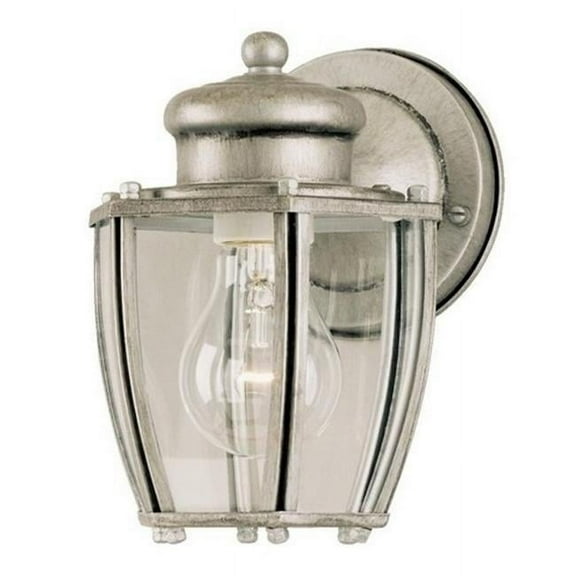 One Light Outdoor Wall Lantern, Antique Silver with Clear Curved Glass