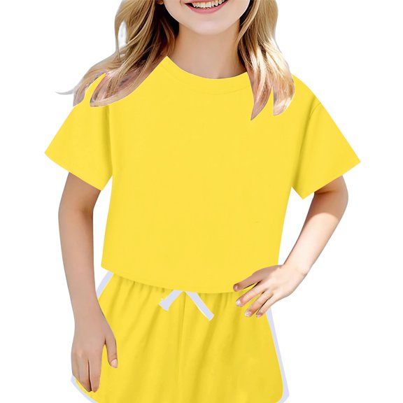 UACY Girls Summer Shorts Set, 2-Piece Outfit with Crop Top and Elastic Waist Shorts, Casual Activewear for Kids and Teens (Yellow, 11-12 Years)