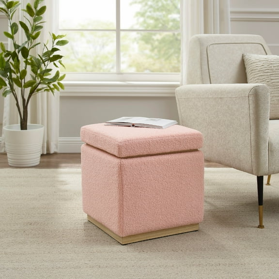 Linon Elta Square Storage Ottoman, Blush Sherpa