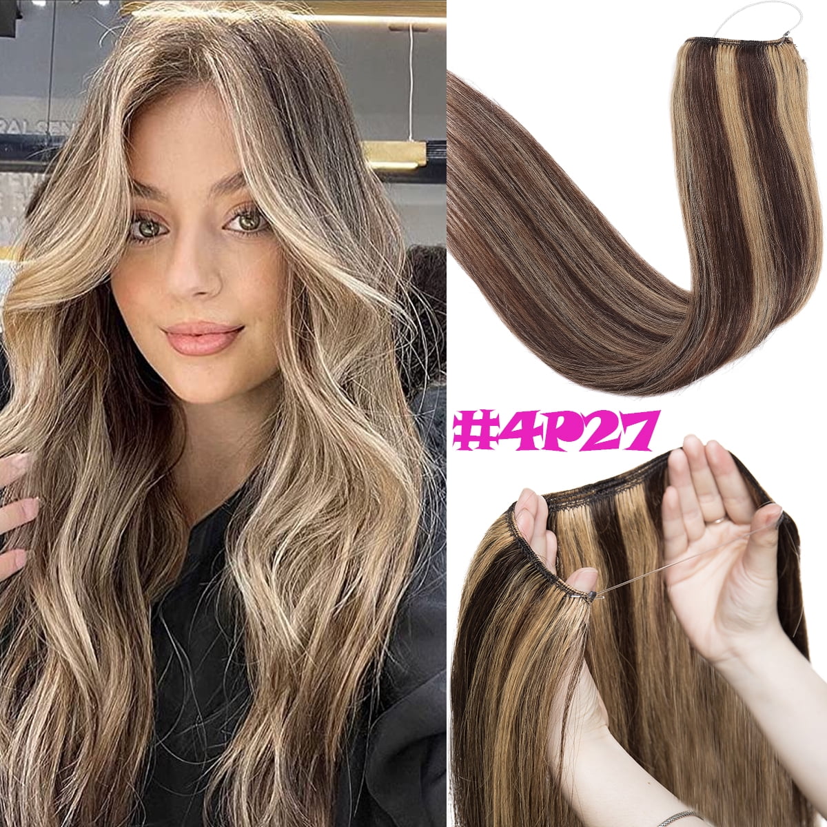 SEGO Wire Hair Extensions 100% Human Hair Straight Hair Extensions 16inch-22inch Light Blonde Highlighted Golden Blonde Invisible Wire Fish Line Hair Extensions Straight Human Hair Extensions
