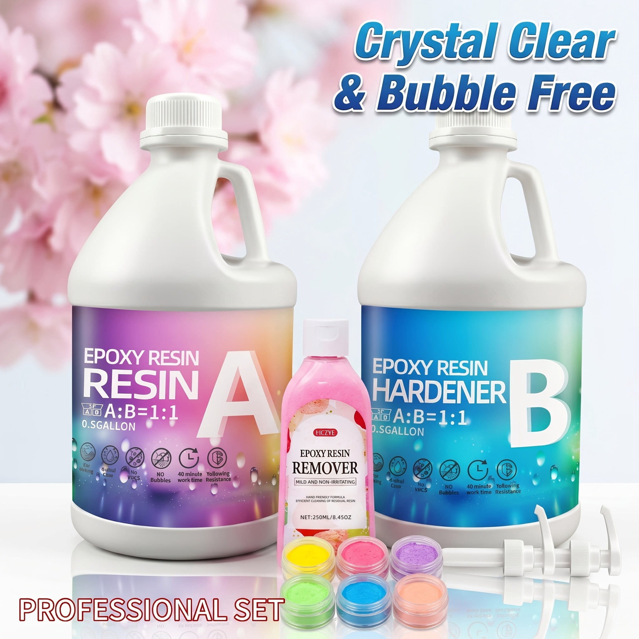 Epoxy Resin Kit 1GAL with 250ml remover and 6 color power, 1:1 Mixing Ratio, Bubble Free & Anti-Yellowing - High Gloss Casting & Coating Resin for Jewelry, River Tables, Bar Top, Countertops & Wood