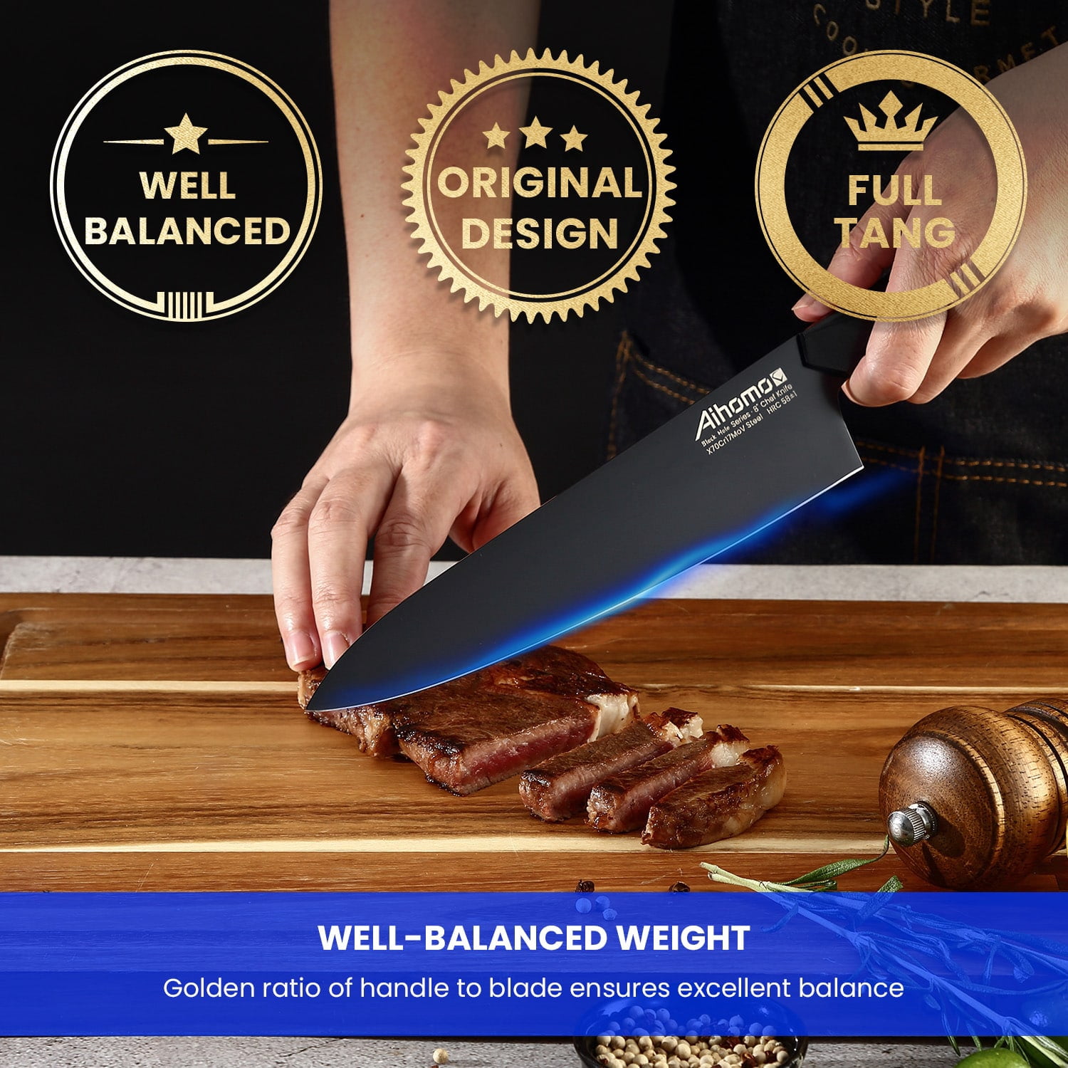 Aihomo Razor-Sharp Chef Knife Full Tang Blade, 8-Inch Professional Kitchen Knife with Finger Guard & Ergonomic Handle, Multi-Purpose for Chopping, Dicing, Slicing, Mincing