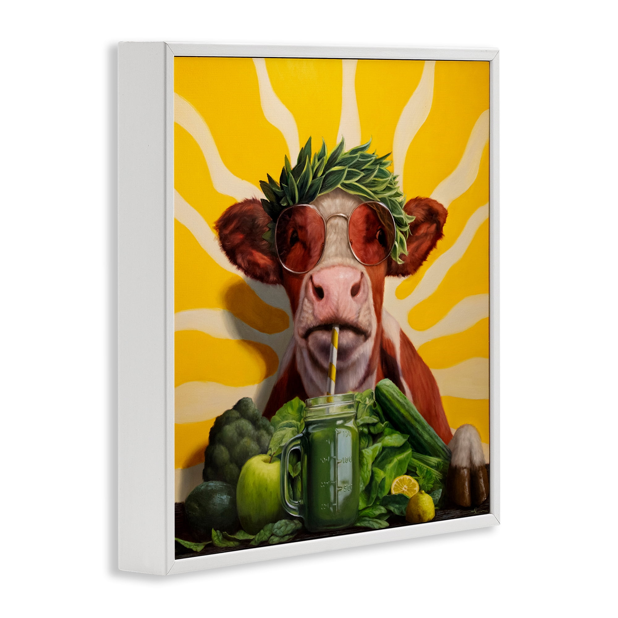 Stupell Industries Cow with Healthy Smoothie Food & Beverage Painting White Framed Art Print Wall Art, 12 x 12