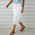 thumbnail image 4 of CHOK Ladies Capris with Pockets Cotton Linen Blend Drawstring Solid Womens Summer Pants Comfy Trousers(XL White), 4 of 5