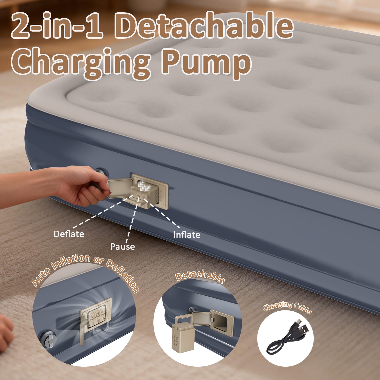 Air Mattress with Pillow, Queen Inflatable Mattress with Built-in Pump, Elevated Inflatable Bed with Pillow, for Camping, Guests and Home, 660lbs Max, Gray