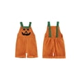 thumbnail image 2 of RUINIXCW Toddler Baby Boy Girl Halloween Overalls Outfit Summer Fall Clothes Corduroy Romper Bib Overalls with Pockets Devil Pumpkin Face Printed Sleeveless Adjustable Strap Jumpsuit Shorts, 2 of 9