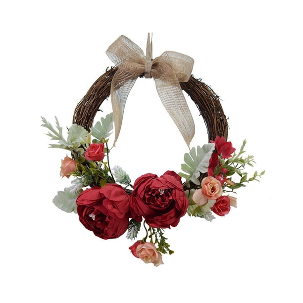 Bewildely Guirnalda de puerta, flor artificial, simulación de ratán, guirnalda para colgar en la pared, accesorios de fotografía para fiesta Decoración del hogar rojo diámetro 26 cm