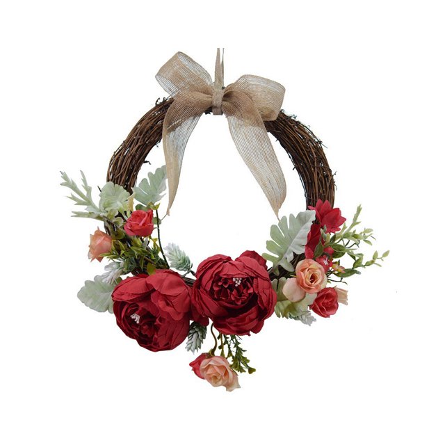 Bewildely Guirnalda de puerta, flor artificial, simulación de ratán, guirnalda para colgar en la pared, accesorios de fotografía para fiesta Decoración del hogar rojo diámetro 26 cm
