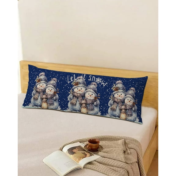 Christmas Snowman Throw Pillow Cover, Blue Snowflake Winter Painting Rectangle Decorative Pillow Case Protector Soft Cushion Cover Lumbar Pillowcase for Couch Sofa Bedroom Car Chair Decor 20x54 Inch