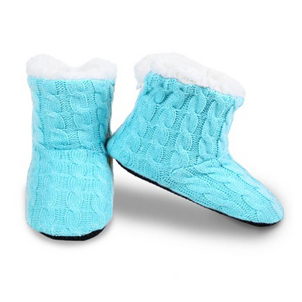 Women's Cable Knit Slippers House Booties Socks Soft Sherpa Lining Rubber Soles, Caribbean Blue