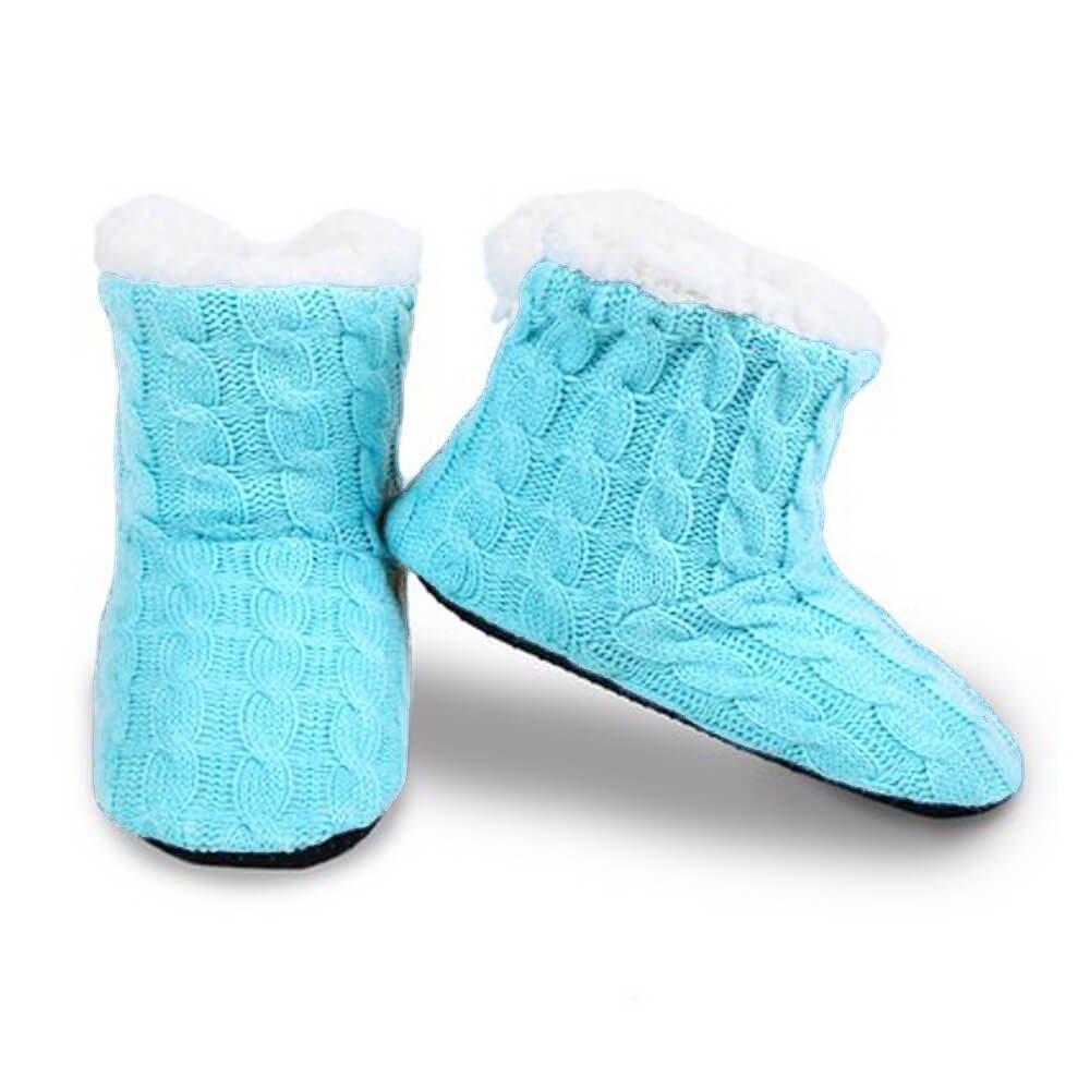 Women's Cable Knit Slippers House Booties Socks Soft Sherpa Lining Rubber Soles, Caribbean Blue