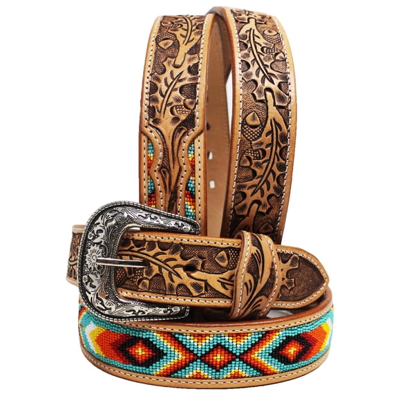 28 Youth 1-1/4" Western Basket Tooled Beaded Full-Grain Leather Belt 26RT52C