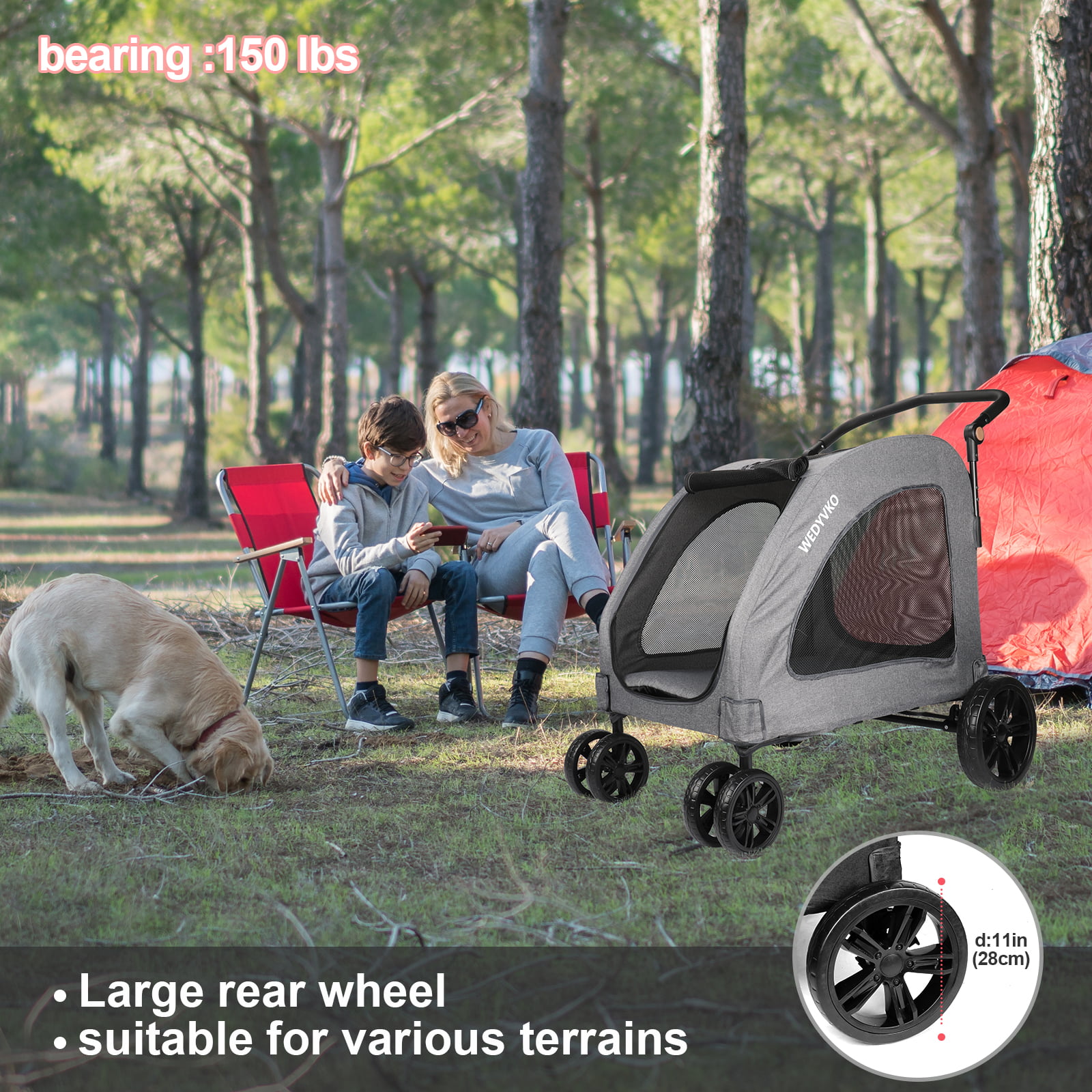 uyoyous Big Dog Stroller Grey Ventilated Foldable Pet Cart 25.2×31.4 with  4 Rubber Wheels and Adjustable Handle Zipper Entry, Mesh Skylight Cat Dog
