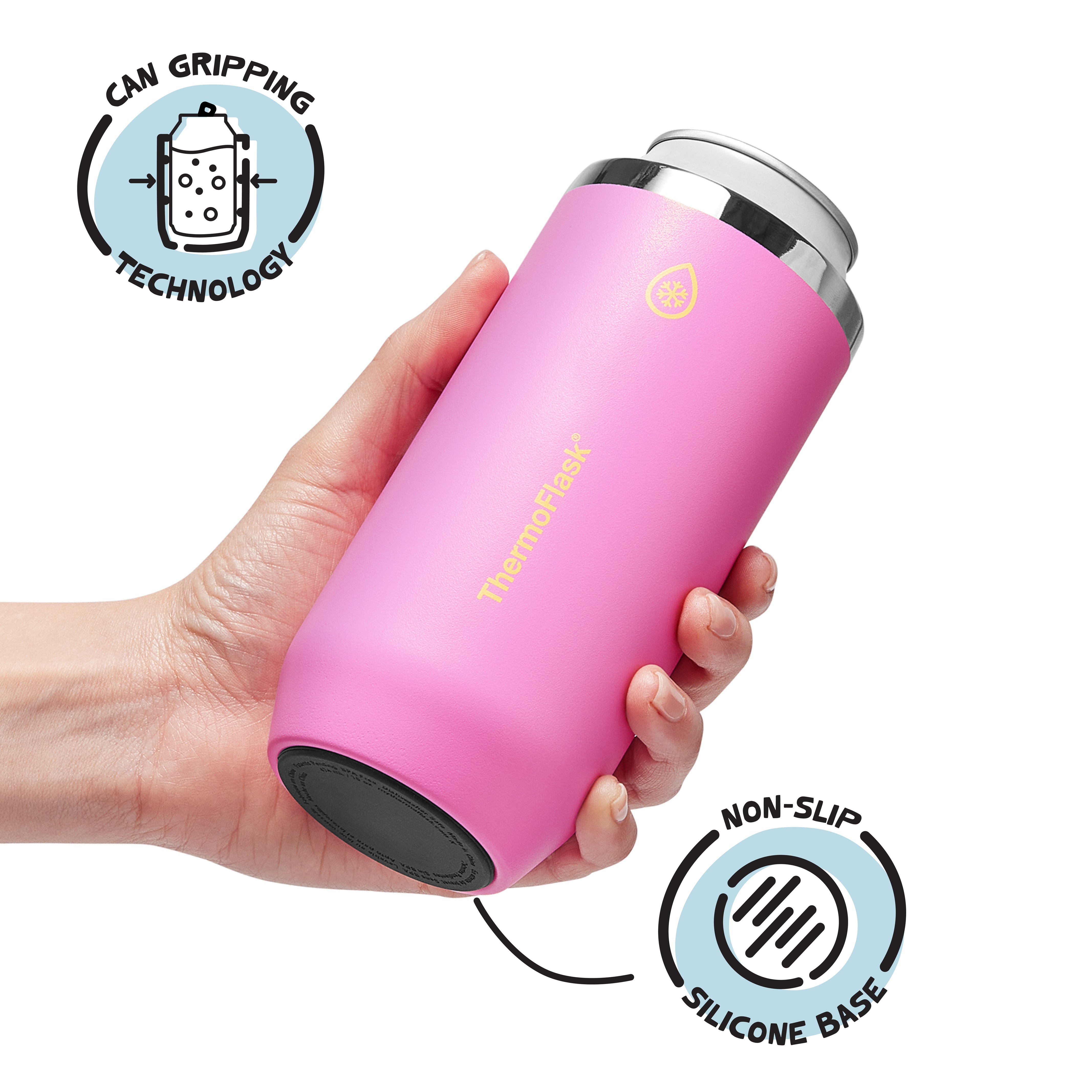 ThermoFlask 16 oz Tall Size 2-In-1 Insulated Can Cooler and Cup, Durable Stainless Steel, Non-Slip Base, Dishwasher Safe, Beverage Container, Shocking Pink