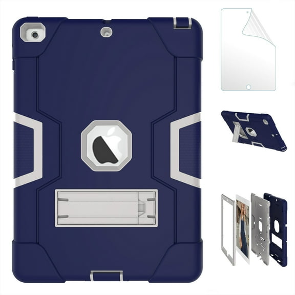 iPad 5th/ 6th Generation Case, New iPad 9.7 inch 2017/2018 Shockproof Kickstand Cover with HD Screen Protector Film - Blue/Gray